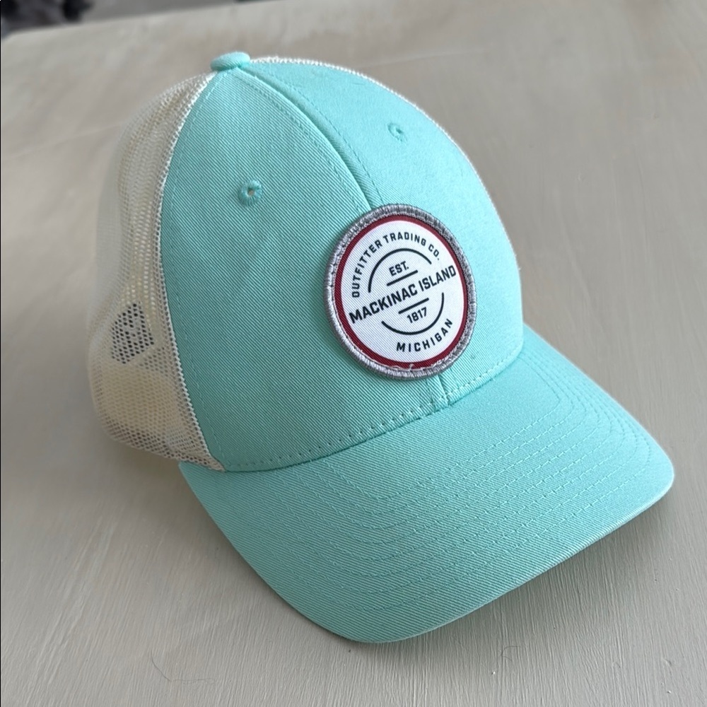 Cream and Teal Trucker Hat with Adjustable Fit